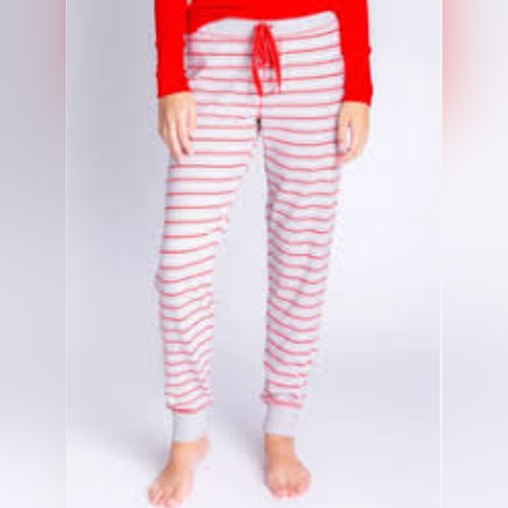 PJ Salvage Frosted Stripe Red Grey Jogger with heart L NWT